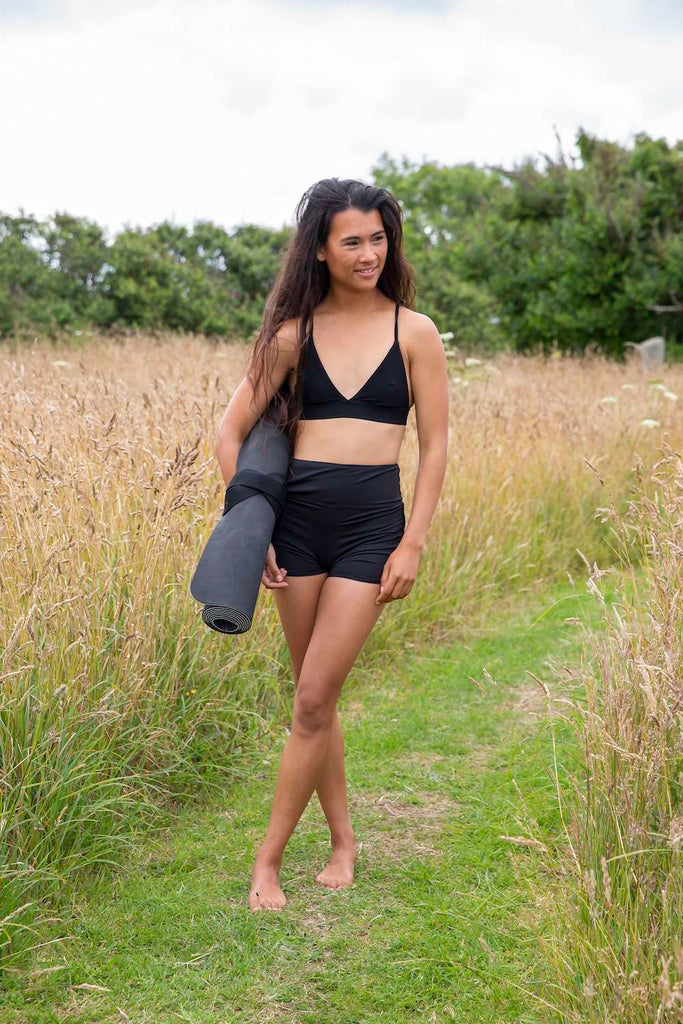 Sustainable racerback bralette bikini for surfing and yoga and bike shorts BLACK