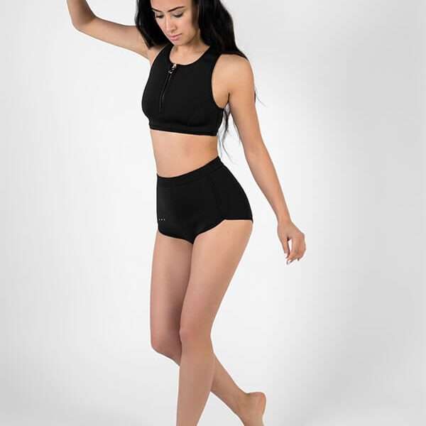 High waist sustainable surf shorts with hidden key loop and rare zip - Made with Yulex (SLO ACTIVE) + High neck sports crop with zip front and racer back